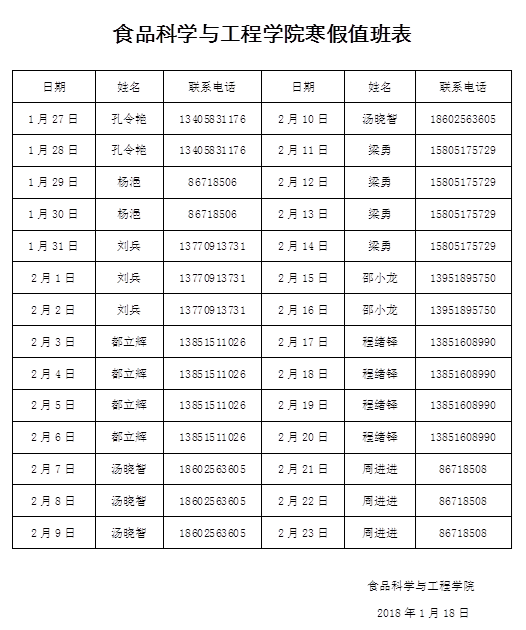 2018年寒假值班表